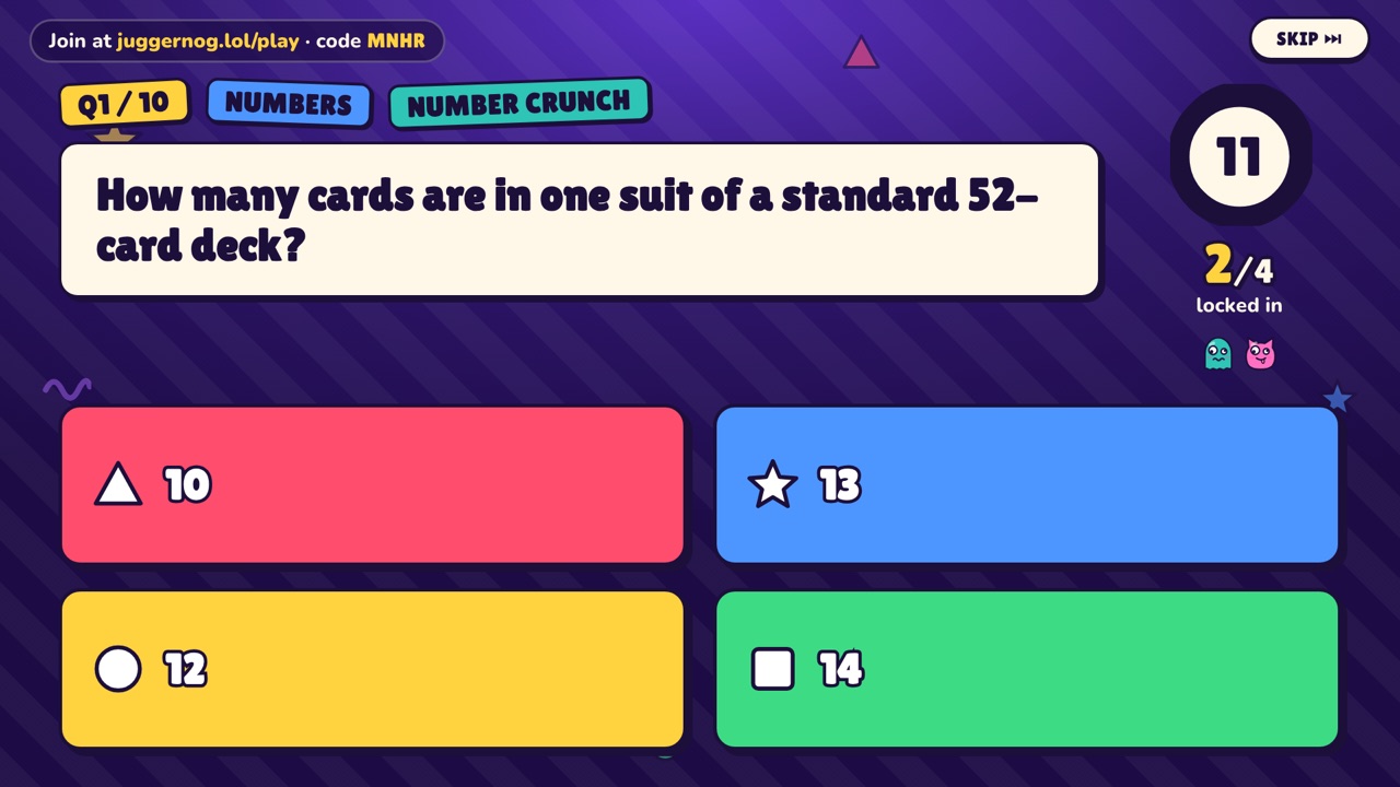 Buzzer Trivia on the TV: a question with four colour-coded answers